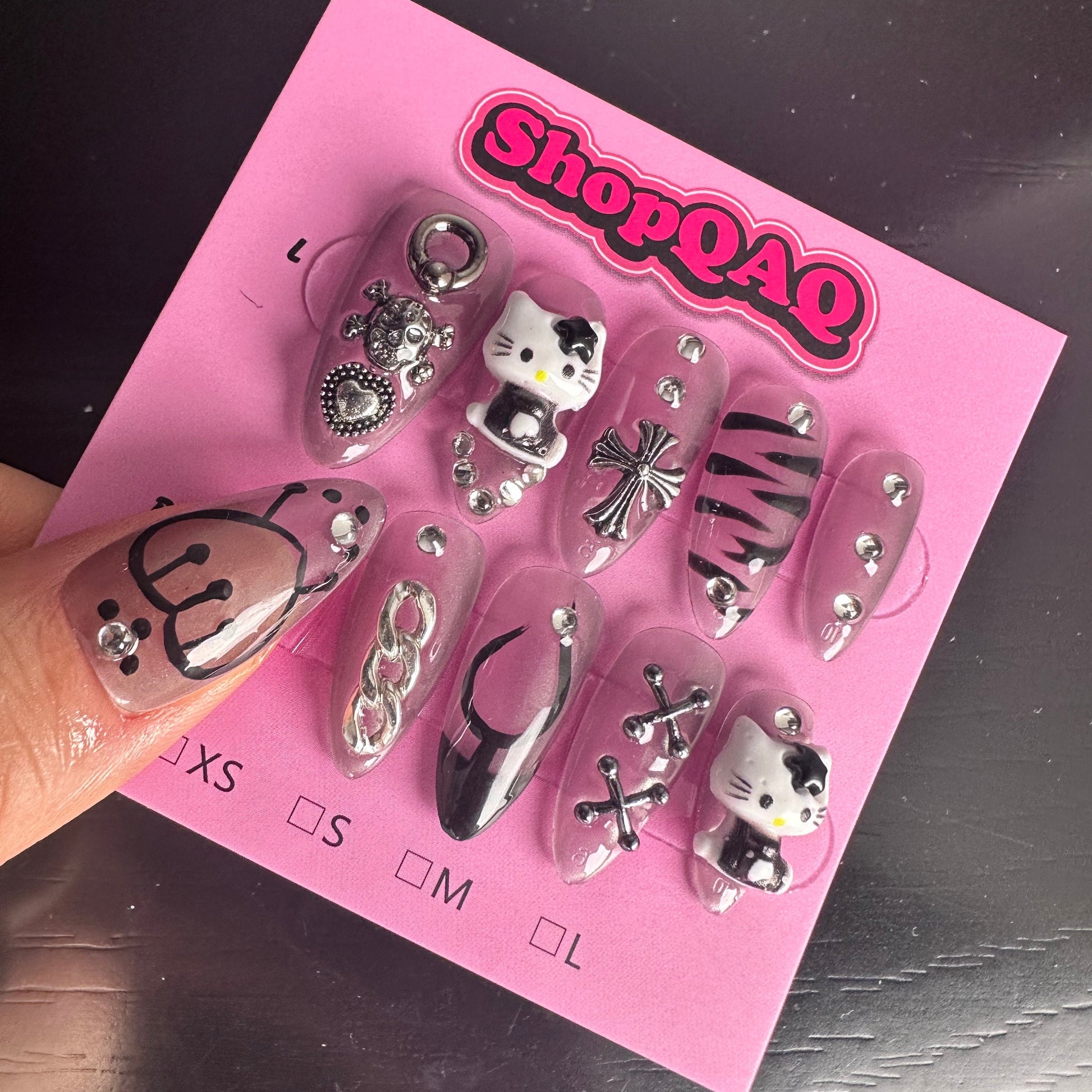 Spicy Hello Kitty | Handmade Y2K Dark Aesthetic Press-On Nails | Detachable Kitty Nail Art | False Nails | False Nails, Handmade False Nails, press on nails | SHOPQAQ