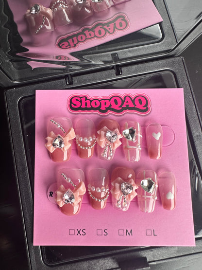 Spring Love Letter | Summer Pink Plaid Glittery Sweetheart Bow Handmade Press-On Nails False Nails from SHOPQAQ