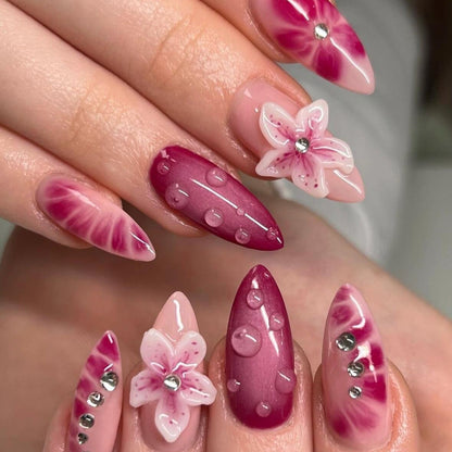 Trending 3D Embossed Ombré Rose Pink Almond Press-On Nails False Nails from SHOPQAQ