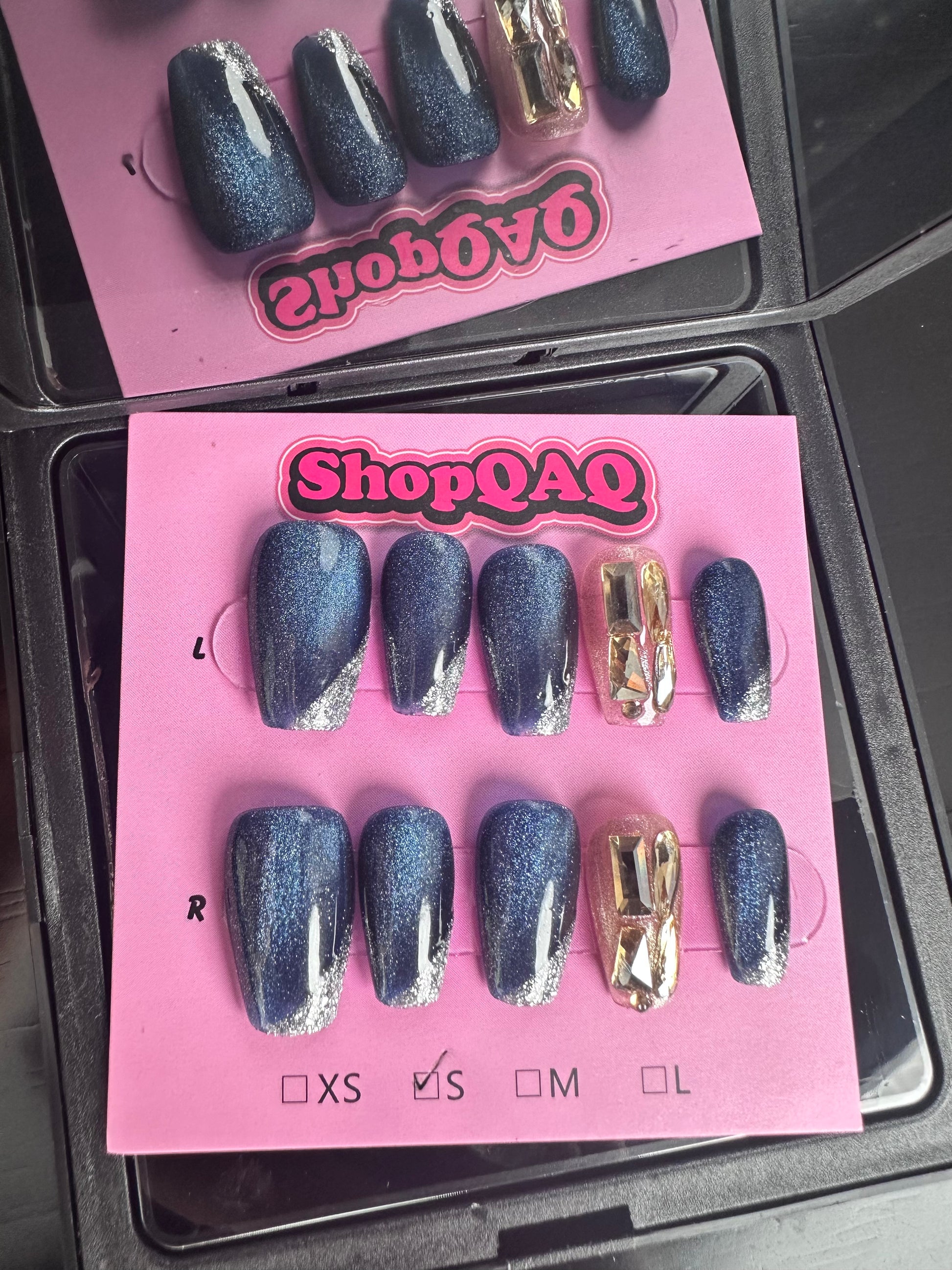 High-End Aurora Fog Blue Cat Eye Press-On Nails with Champagne Rhinestones False Nails from SHOPQAQ