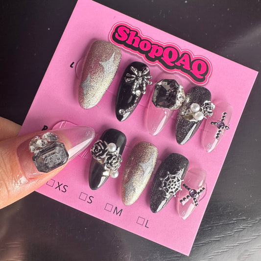 Handcrafted Press-On Nails - 'Midnight Stardust' Collection with Cat Eye and Rose Design False Nails from ShopQAQ