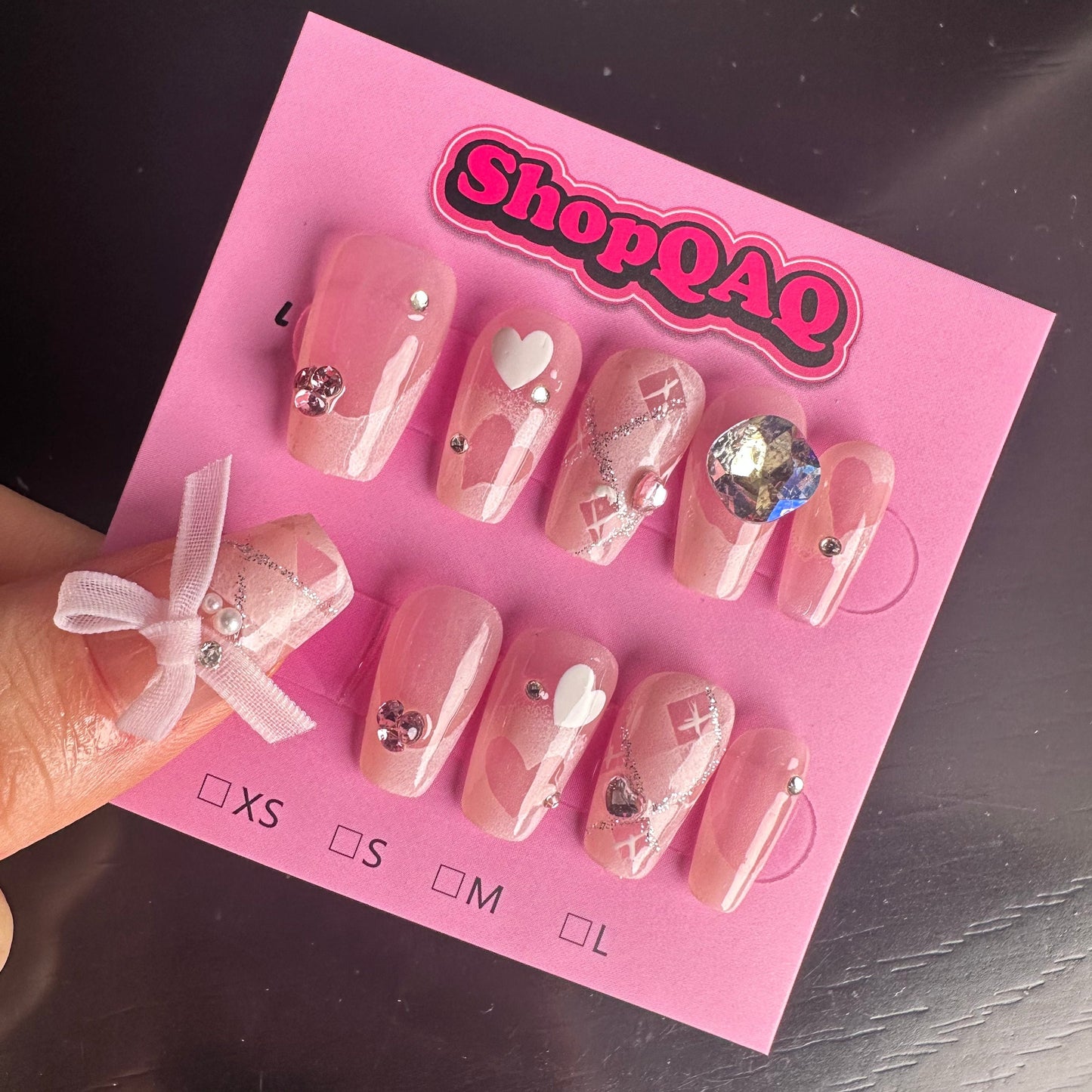 Pink Elegance 2024 Handcrafted Press-On Nails - Light Luxury, Pure and Refined, Diamond-Studded Bowknot Design False Nails from SHOPQAQ