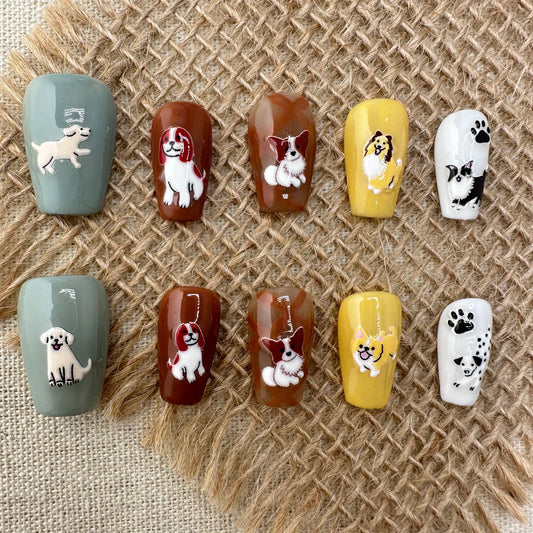 Hand-Painted Cute Dog Press-On Nails with Multicolor Base False Nails from SHOPQAQ