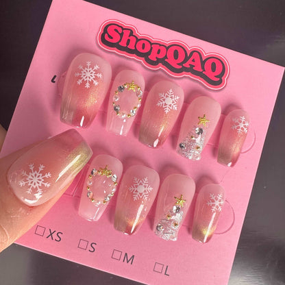 Christmas Collection Press-On Nails – Dual-Color Cat Eye, Snowflakes, and Christmas Tree Nail Art False Nails from SHOPQAQ