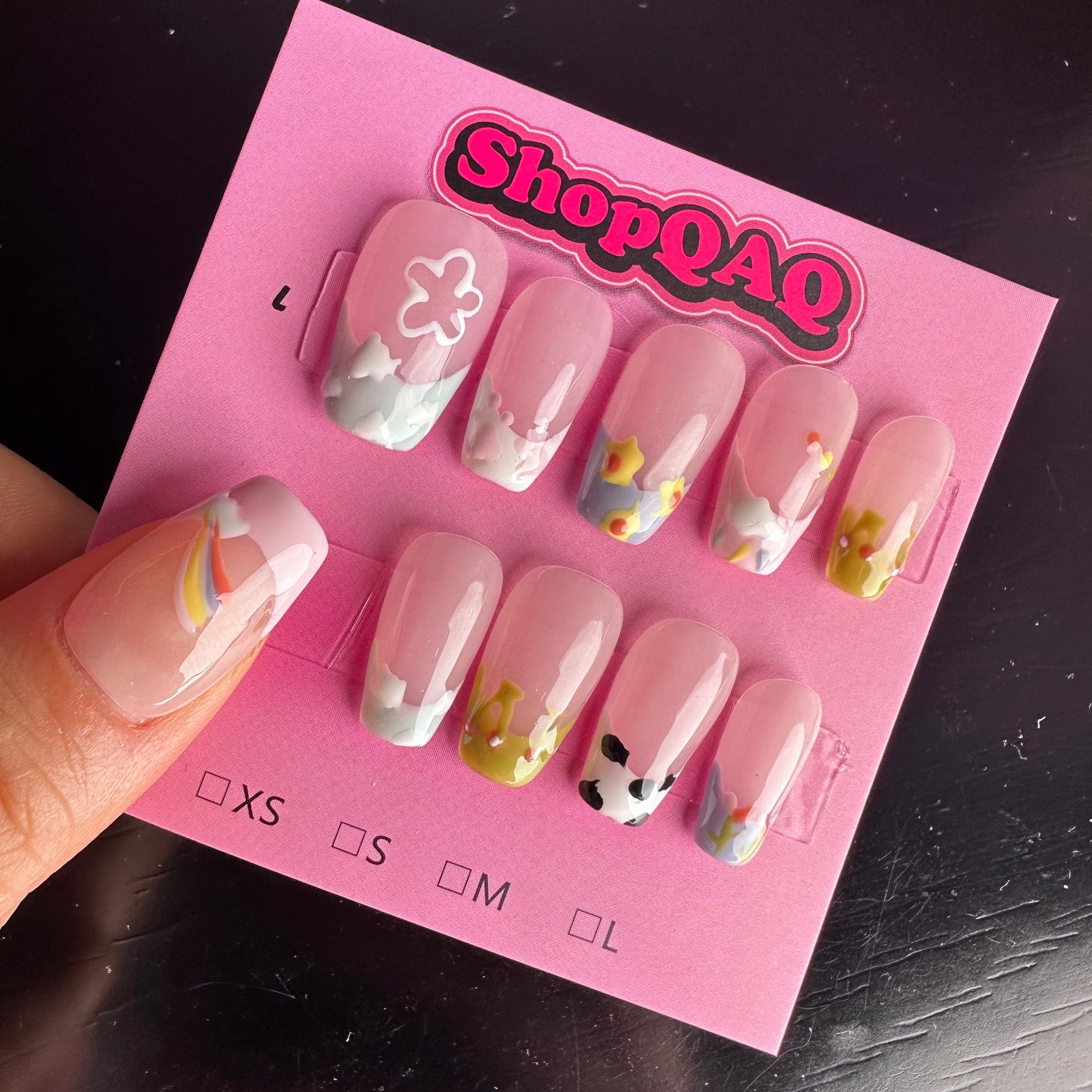 French-Inspired Brightening Nails - Hand-Painted Cute Cloud & Rainbow Short Press-On Nails | False Nails | False Nails, Handmade False Nails, press on nails | SHOPQAQ