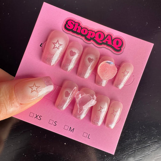 Beating Heart" Handcrafted Press-On Nails - Pink Heart Cat Eye Design with a Chic, Brightening Effect | Removable Nail Art False Nails from SHOPQAQ