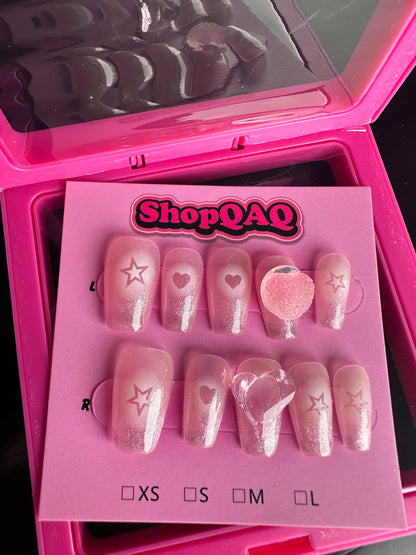 Beating Heart" Handcrafted Press-On Nails - Pink Heart Cat Eye Design with a Chic, Brightening Effect | Removable Nail Art False Nails from SHOPQAQ