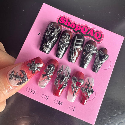 Yabi Culture Gothic Press-On Nails | Handcrafted Y2K Demon Spider Skull Dark Punk Removable Nail Tips False Nails from ShopQAQ