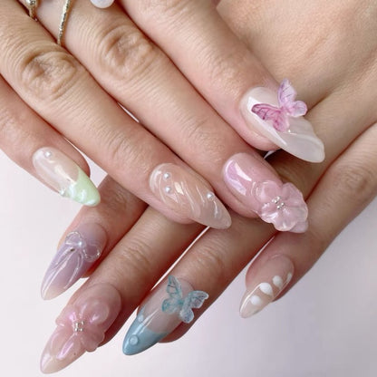 Rose Manor 3D Butterfly Floral Colorful Nails | False Nails | False Nails, Handmade False Nails, press on nails | SHOPQAQ