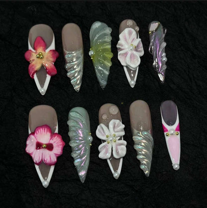 Blooming Island Exclusive 3D Flower Almond Nails False Nails from SHOPQAQ