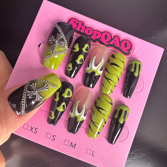 Green Flame" Handcrafted Press-On Nails – Forest Elf Green, Brightening Hand-Painted Design False Nails from SHOPQAQ