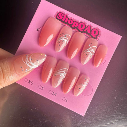 Almond-Shaped Pink & White Brushstroke Sparkling Minimalist Handcrafted Press-On Nails False Nails from SHOPQAQ