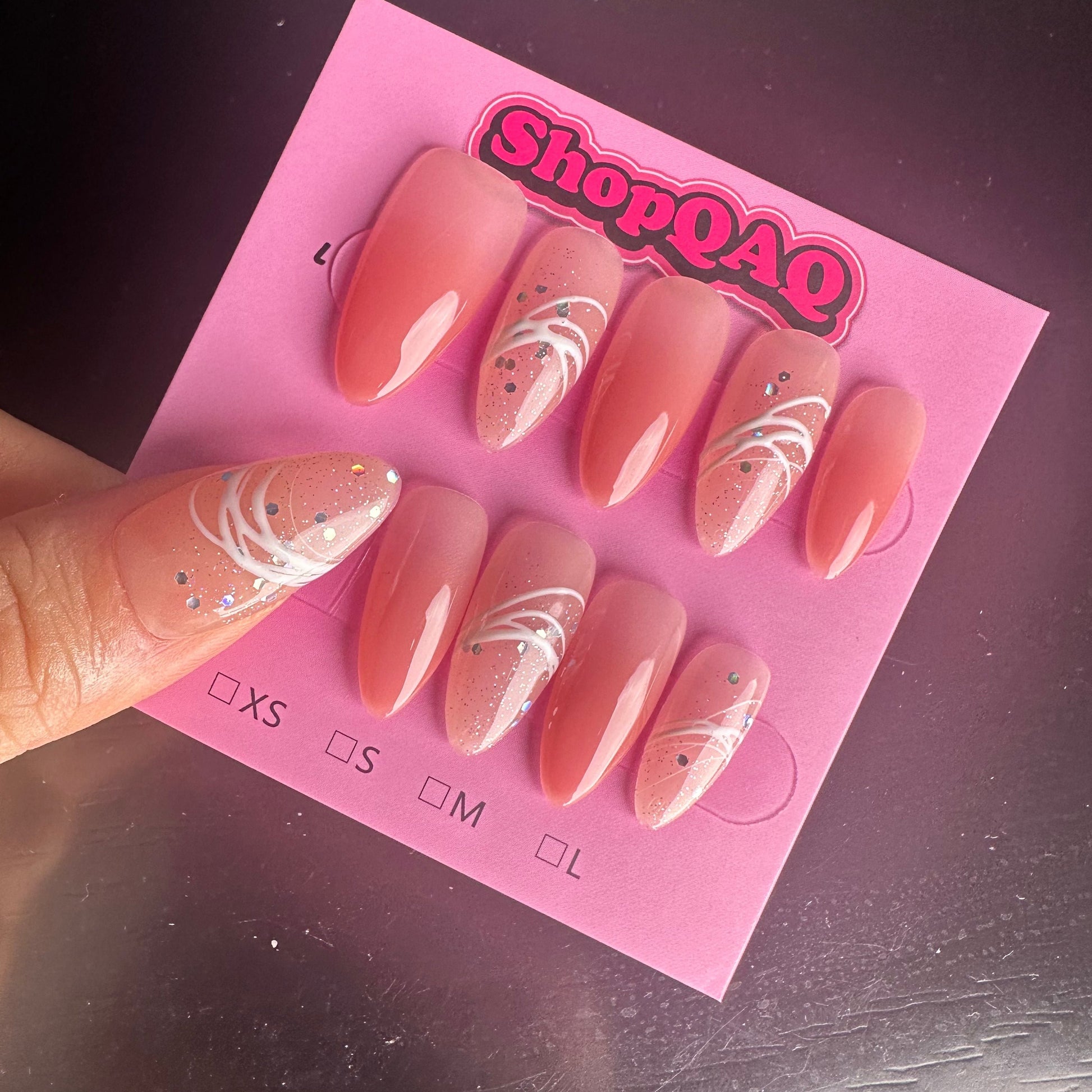 Almond-Shaped Pink & White Brushstroke Sparkling Minimalist Handcrafted Press-On Nails | False Nails | False Nails, Handmade False Nails, press on nails | SHOPQAQ