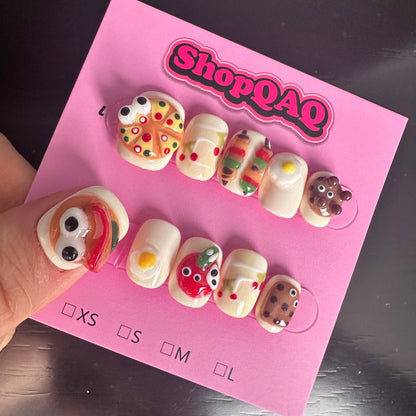 Handcrafted Burger Delight | Cute Short Press-On Nails – Brightening, Student-Friendly, Summer 2024 New Collection" | False Nails | False Nails, Handmade False Nails, press on nails | SHOPQAQ