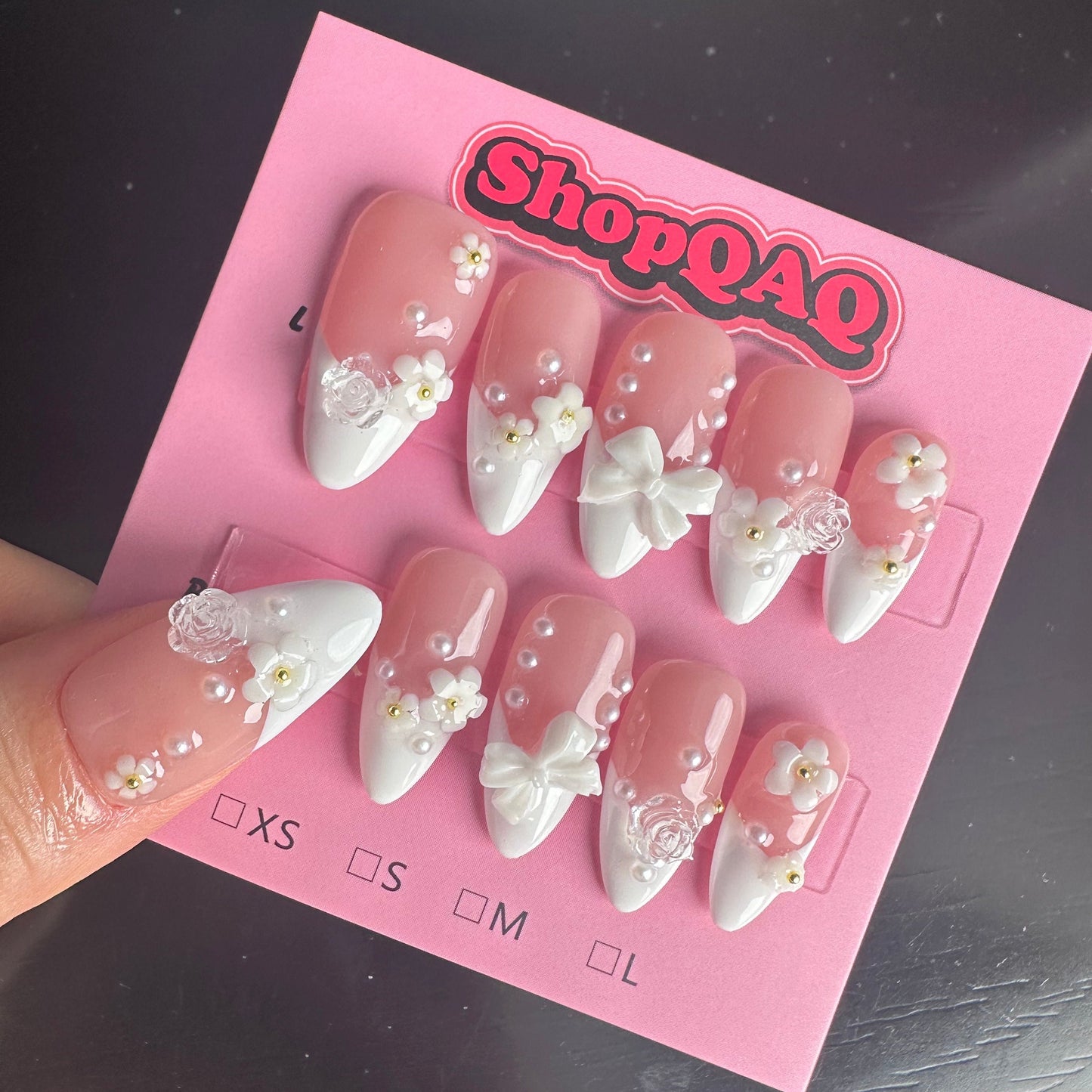 Handcrafted Spring/Summer Nude & White Floral Press-On Nails - 'Fairy Blossom' Collection False Nails from SHOPQAQ