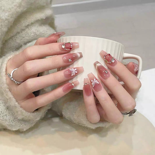 Blush Cat Eye French Manicure and Hand-painted Butterfly False Nails from SHOPQAQ