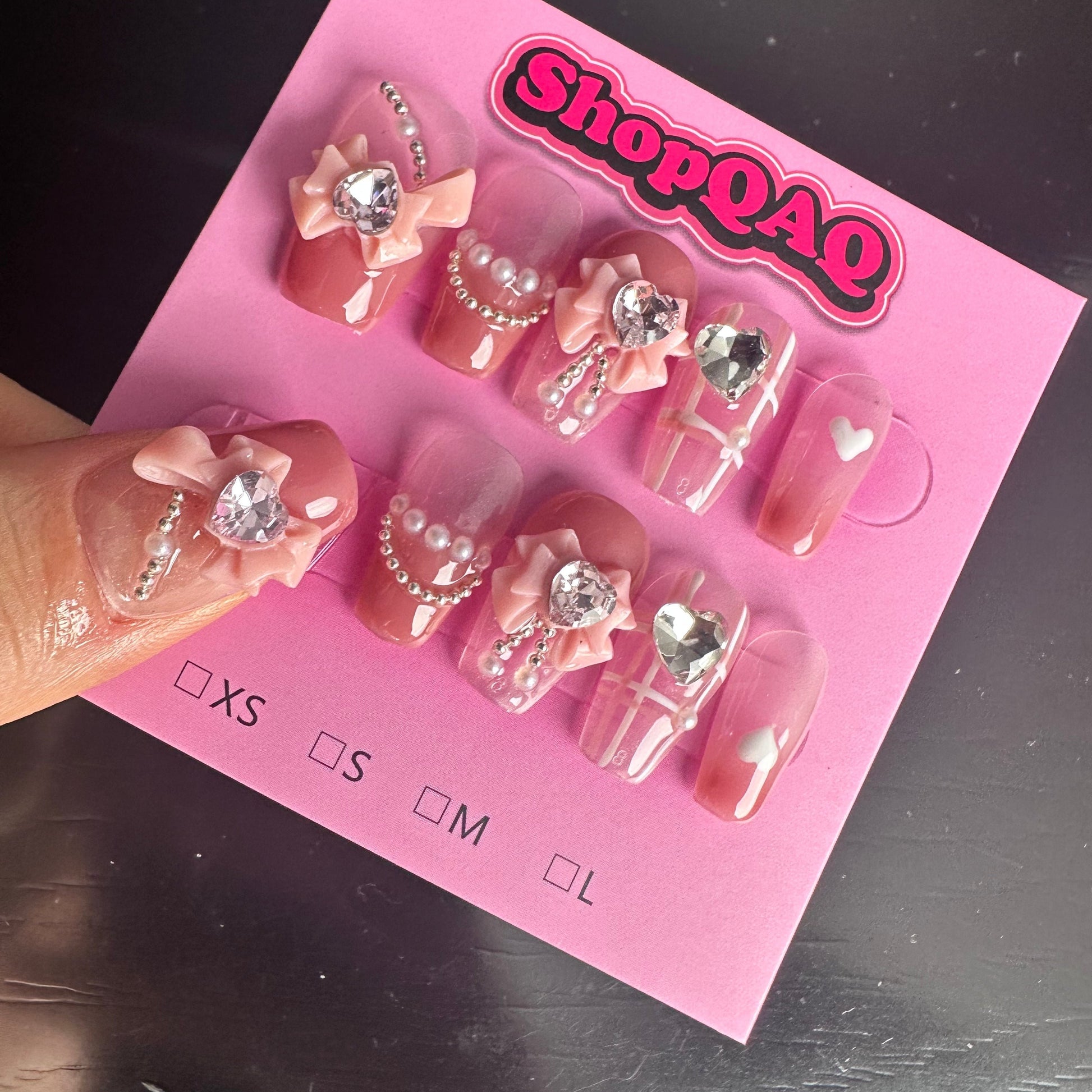 Spring Love Letter | Summer Pink Plaid Glittery Sweetheart Bow Handmade Press-On Nails False Nails from SHOPQAQ