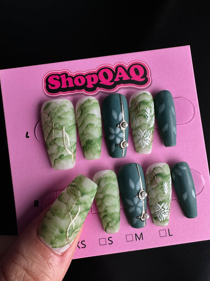 Green Icy Cracked Hand-Painted Japanese Style Watercolor Press-On Nails | False Nails | DIY nails, easy to apply nails, elegant nails, fake nails, False Nails, fashion nails, Handmade False Nails, High-Grade False Nails, luxury false nails, luxurynails, Party nails., press on nails, special occasion nails, Unique False Nails, wedding nails, White False Nails | SHOPQAQ