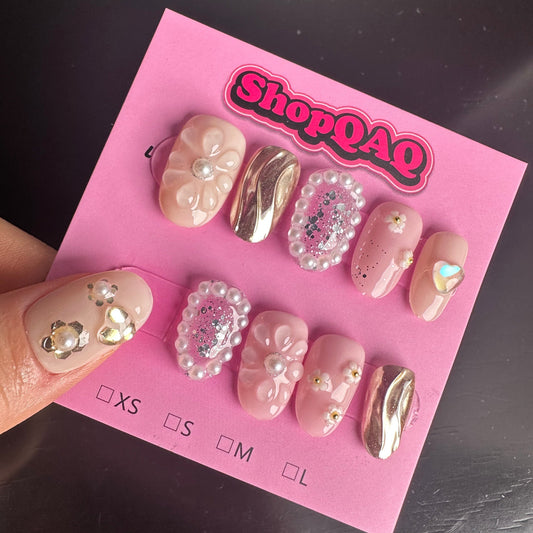 "Sweet Bloom" Handcrafted Press-On Nails - 3D Floral Gel Art, Short Length, Complete Set | False Nails | False Nails, Handmade False Nails, press on nails | SHOPQAQ