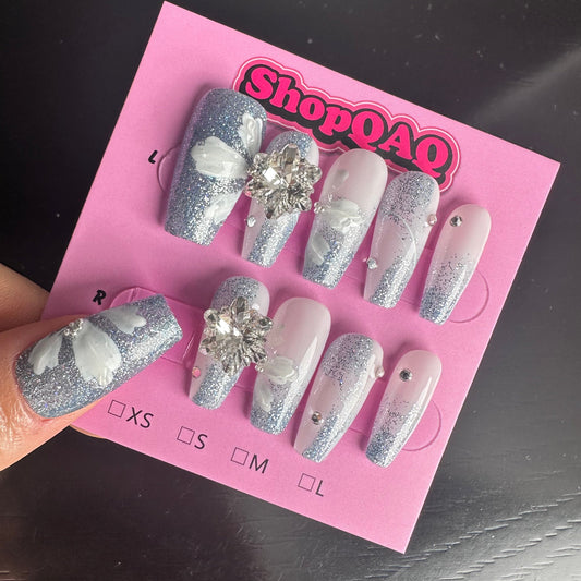 Haze Blue Handcrafted Press-On Nails - New Crystal Daisy Glitter Nail Art, Elegant & Stylish for Students | False Nails | False Nails, Handmade False Nails, press on nails | SHOPQAQ