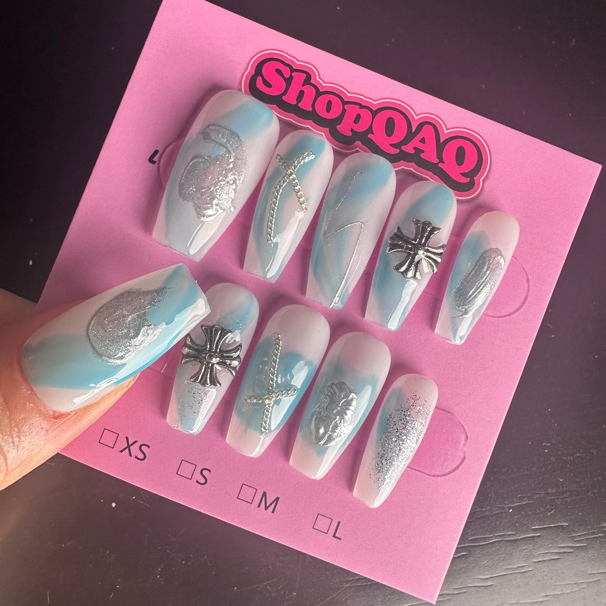 Luxurious Cool-Toned Blue French Hollow Press-On Nails False Nails from SHOPQAQ