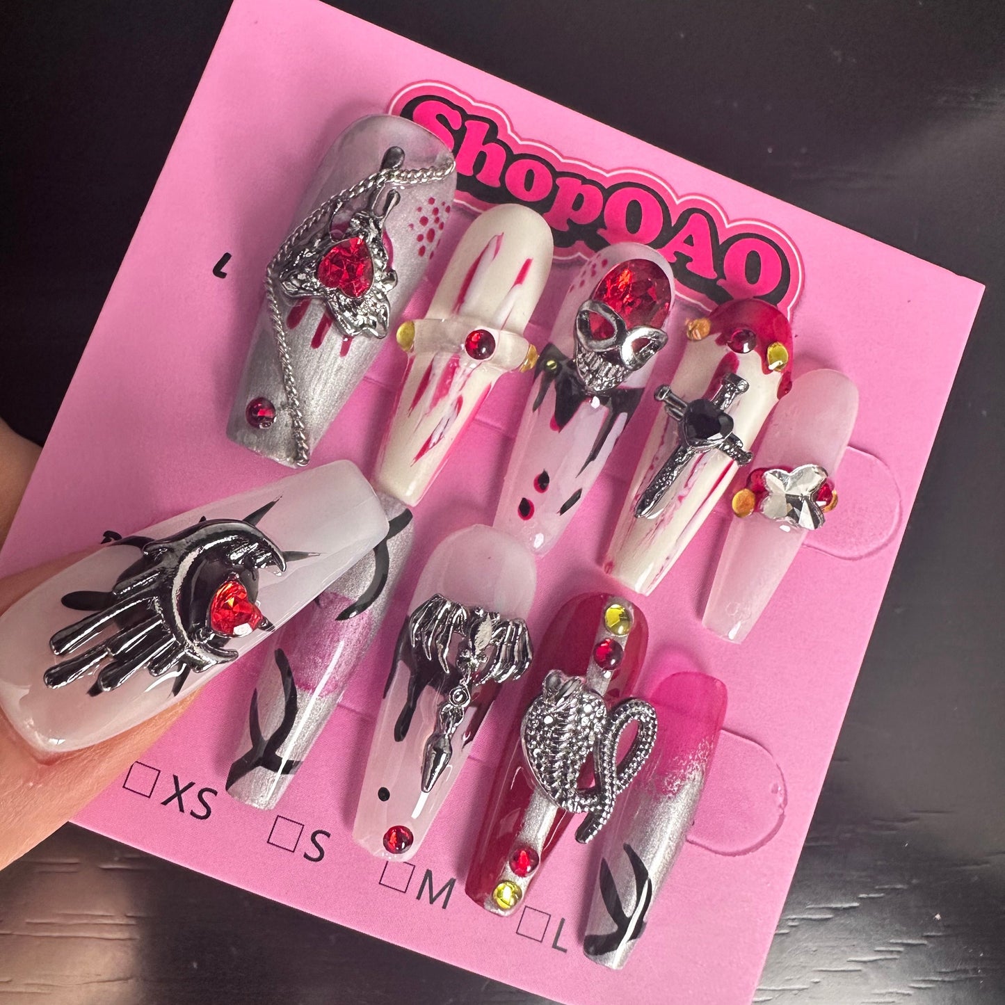 Retro Punk Heart Chain | Red Rhinestone and Pearl Press-On Nails – Gothic with Dark Spider Accents False Nails from SHOPQAQ