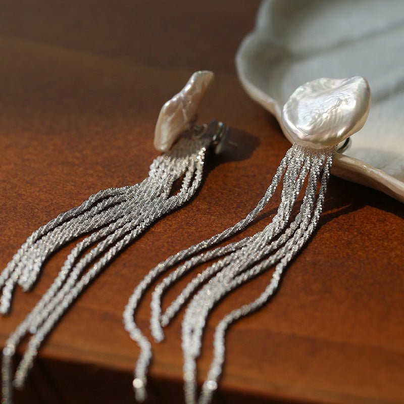 Anemone Chain Tassel Petal Pearl Earrings earrings from SHOPQAQ