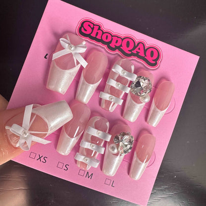 Ballet on Your Fingertips | Handcrafted Press-On Nails – Pure Desire, Brightening, Removable Bowknot Design False Nails from SHOPQAQ