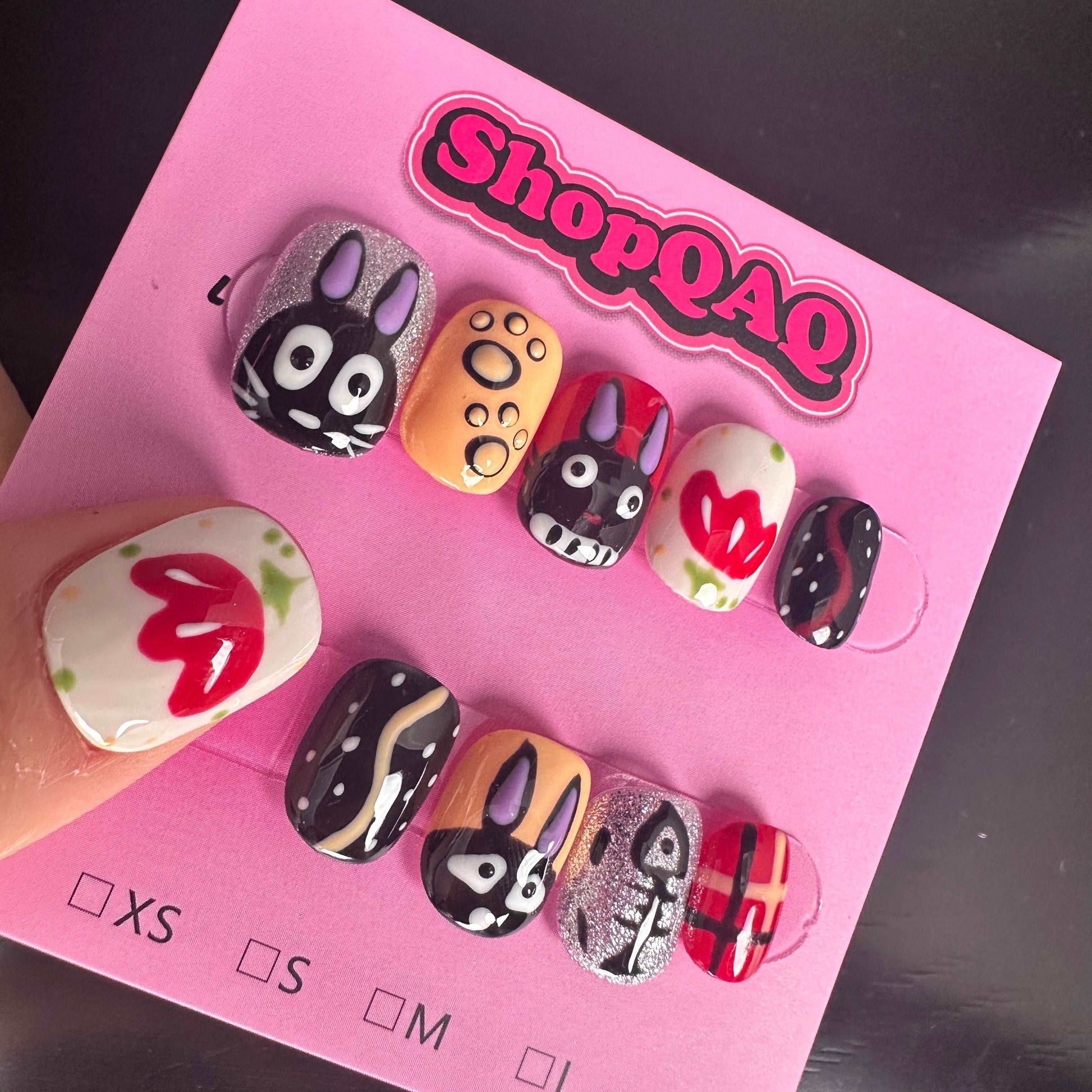 Cute Bunny Black Press-On Nails – Hand-Painted Cartoon Design False Nails from SHOPQAQ