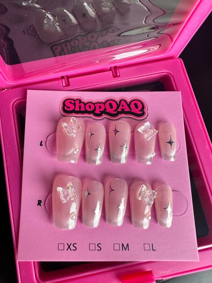 Starlight Flow Ice-Transparent French Cat Eye Press-On Nails - Elegant Crystal Gel Nail Art False Nails from SHOPQAQ