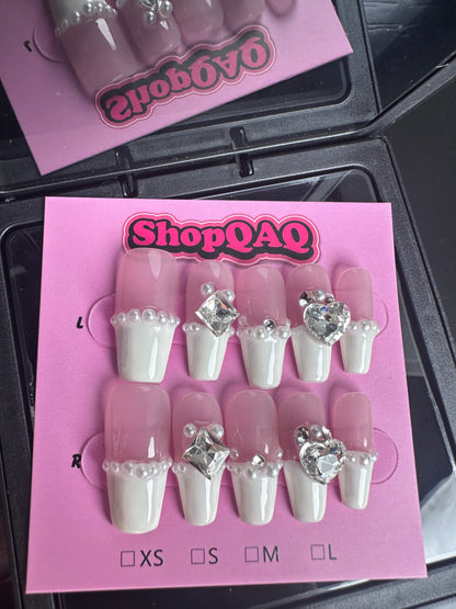 Elegant Pearl-Embellished French Manicure Press-On Nails – Handcrafted Off-White Bridal Collection False Nails from SHOPQAQ