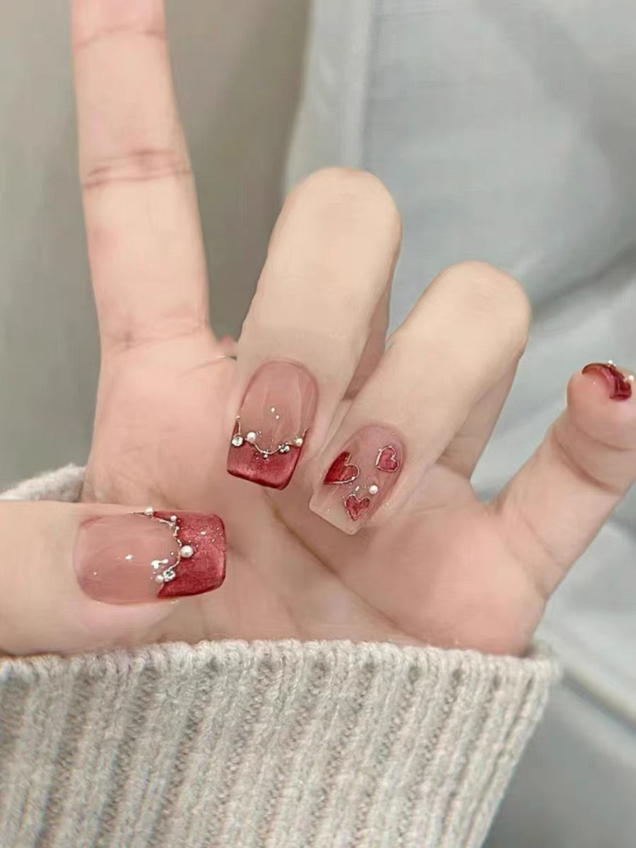 Burgundy Sweetheart Pearl French Manicure with Cat Eye Finish False Nails from SHOPQAQ
