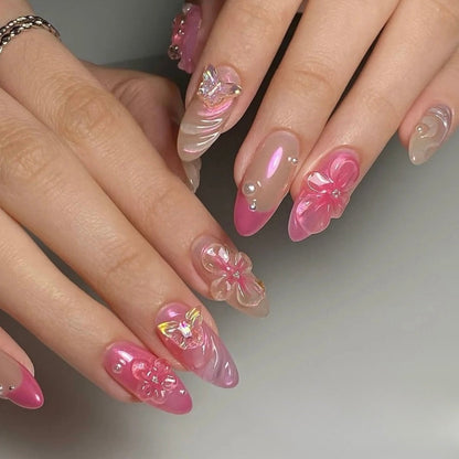 Pink Aurora Crystal 3D Flower Nails | False Nails | SHOPQAQ