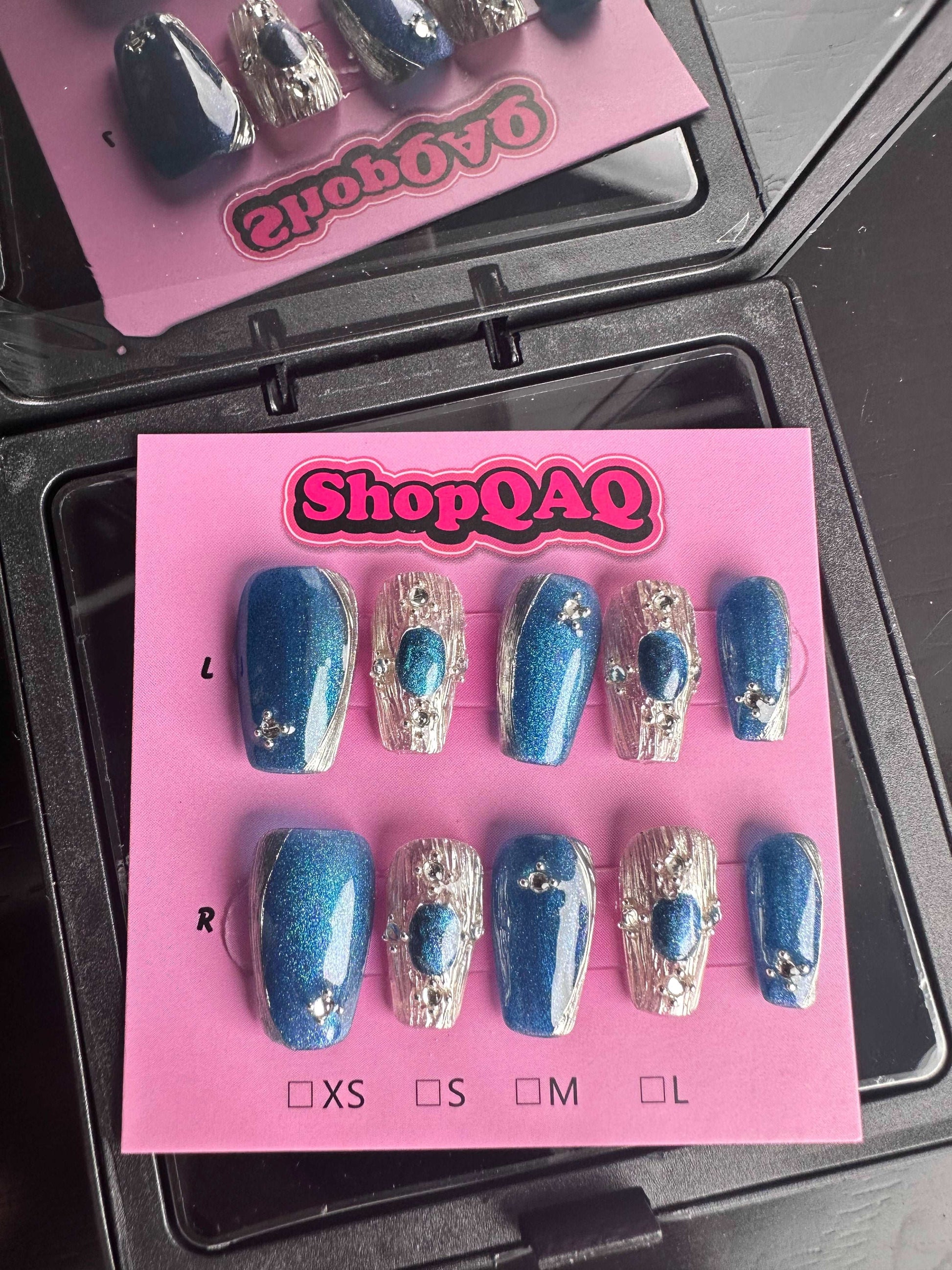 Buccellati Handcrafted Short Press-On Nails - Vintage Lake Blue Cat Eye Gemstone, Elegant & Retro Summer 2024 New Arrival False Nails from SHOPQAQ