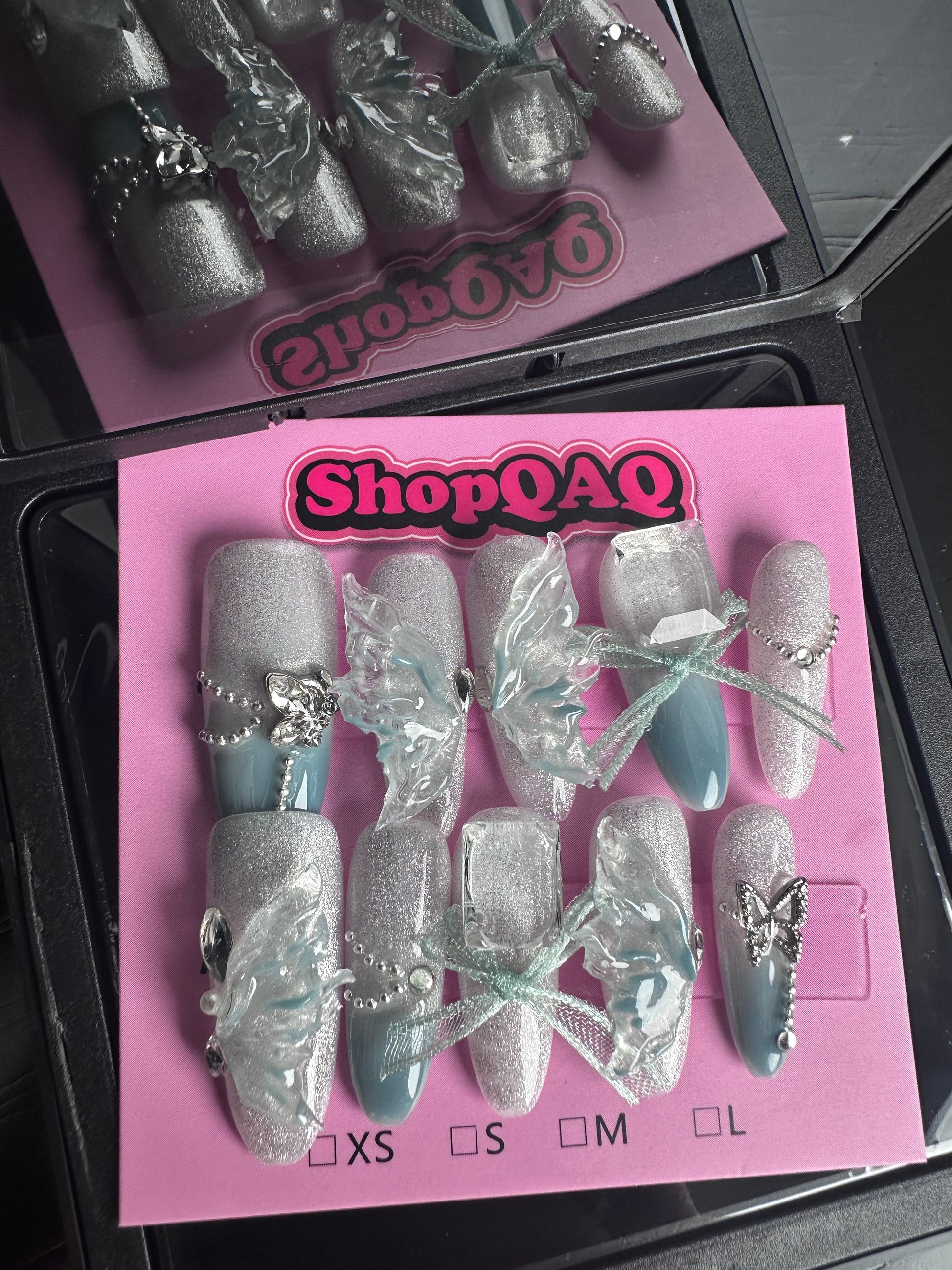 Celestial Jade Butterfly Press-On Nails – Handcrafted Iridescent Elegance False Nails from SHOPQAQ