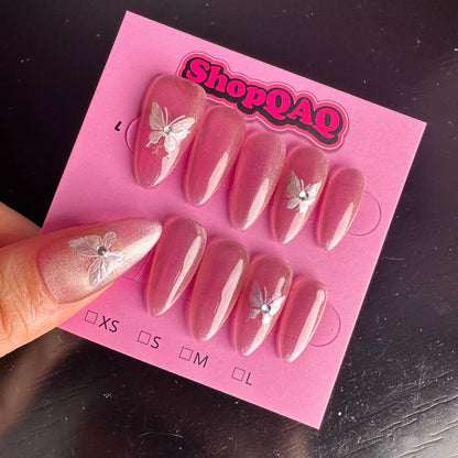 2024 New Almond-Shaped Icy Crystal Butterfly Press-On Nails - Sweet & Gentle Translucent Cat Eye Design | False Nails | False Nails, Handmade False Nails, press on nails | ShopQAQ