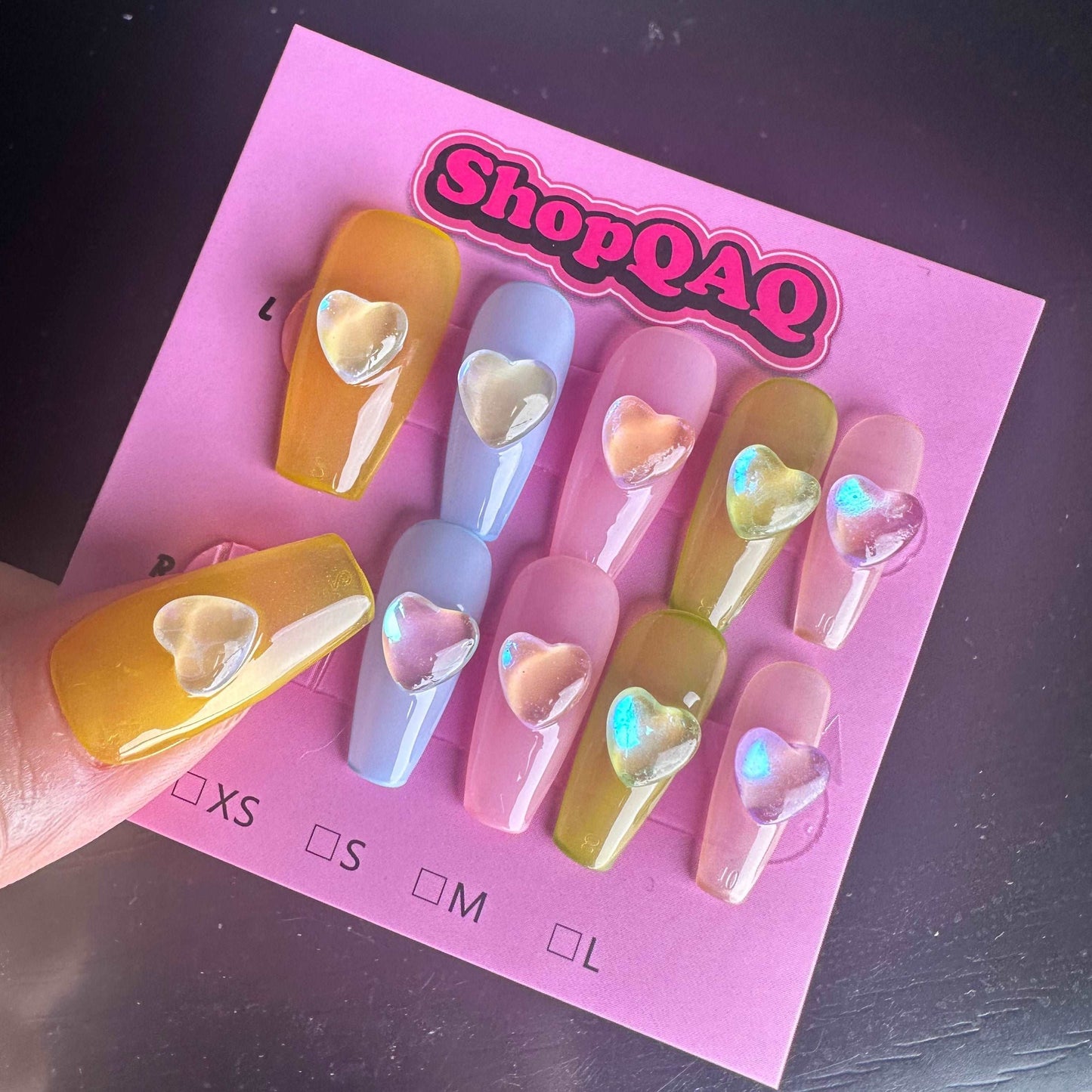 Colorful Glass Bead Heart Aurora Iridescent Press-On Nails False Nails from SHOPQAQ