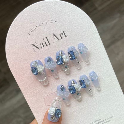 White camellia blue base False Nails from SHOPQAQ