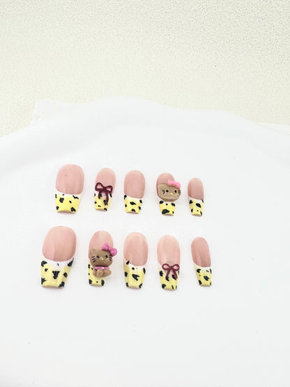 Leopard Bow Kitty Trapezoid Press-On Nails False Nails from SHOPQAQ