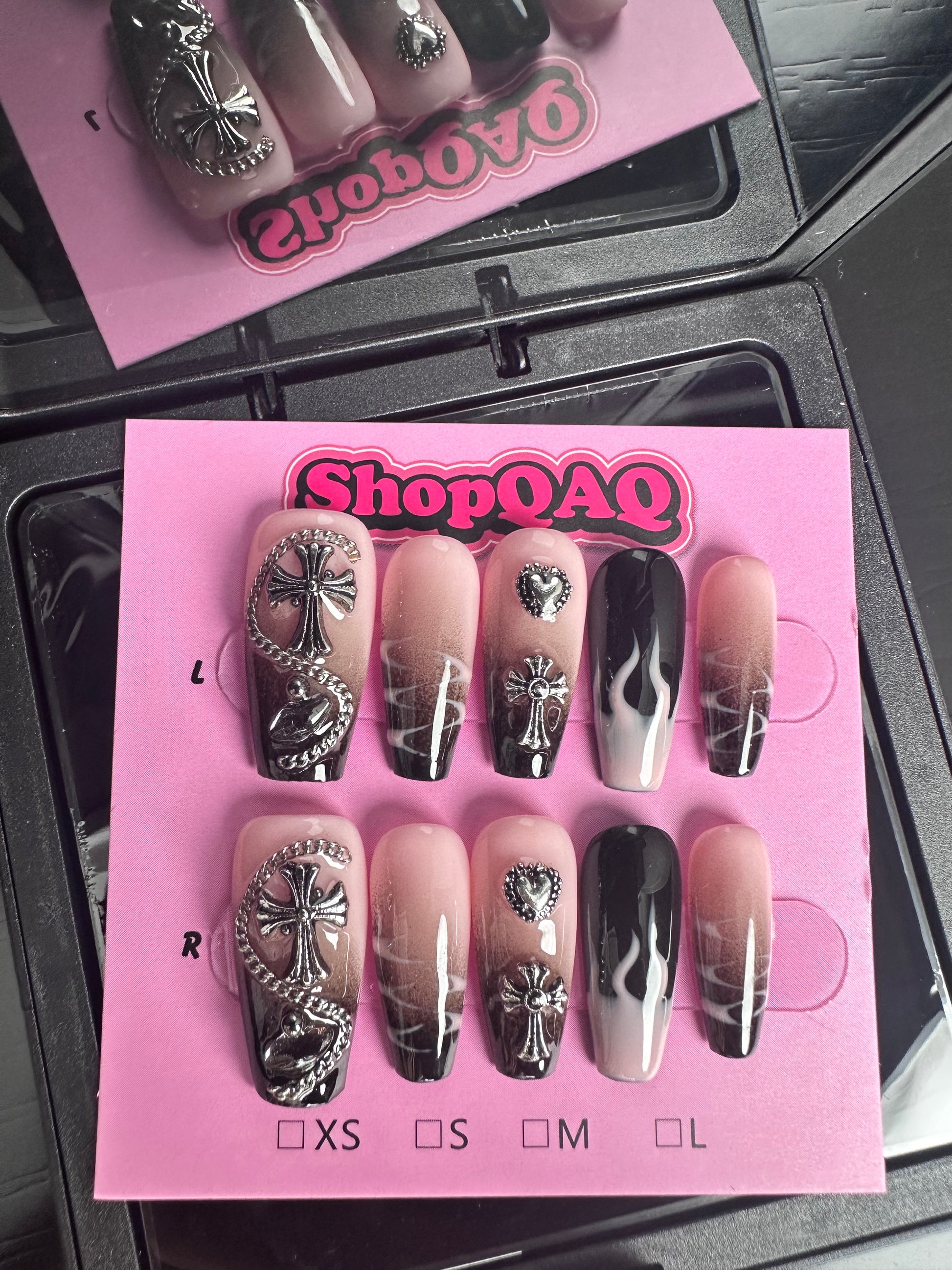 Sweet and Edgy Black-Pink Gradient Flames Press-On Nails – Y2K Trend False Nails from SHOPQAQ