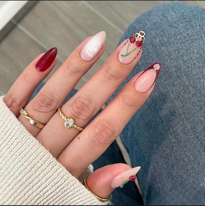 Cherry Leopard French Tip 3D Almond-Shaped Handcrafted Press-On Nails False Nails from SHOPQAQ