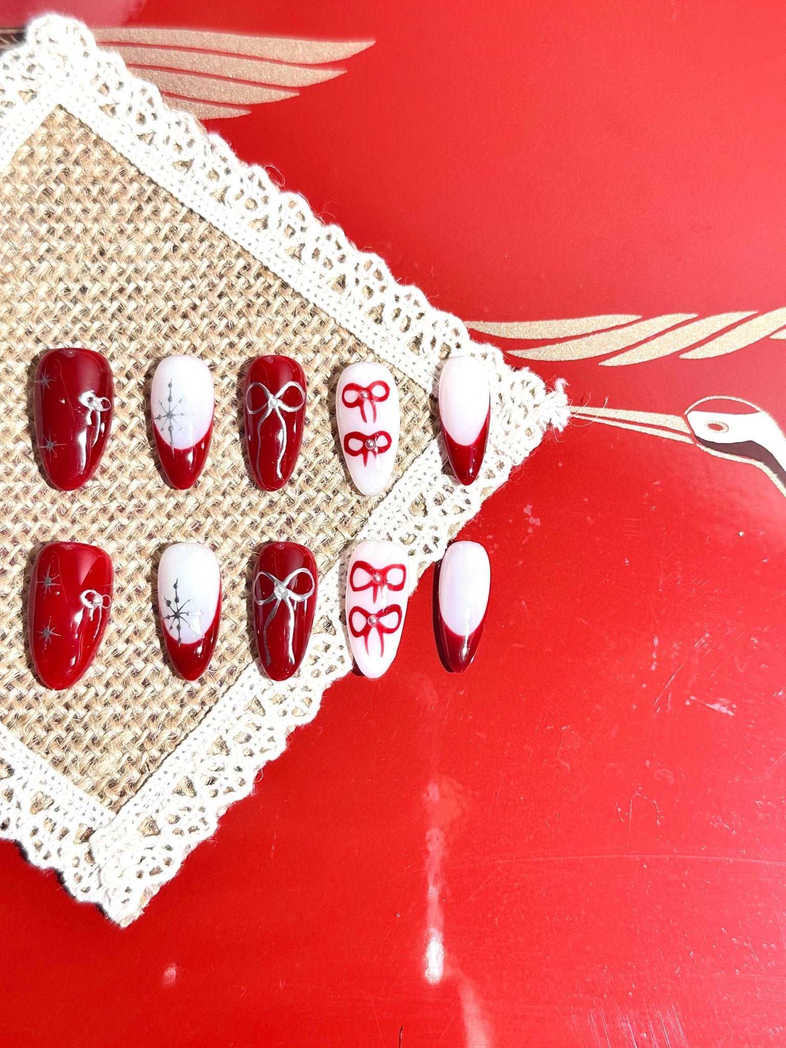 2024 Christmas Bow & Red Berry French Hand-Painted Press-On Nails False Nails from SHOPQAQ