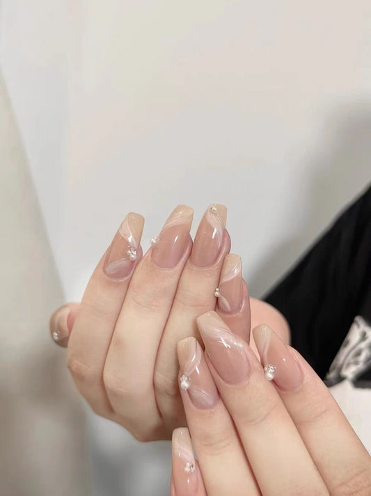 Ethereal Nude-toned Nail pearl rhinestone | False Nails | DIY nails, easy to apply nails, False Nails, fashion nails, Handmade False Nails, handmadefalsenails, High-Grade False Nails, luxury false nails, Party nails., press on nails, special occasion nails | SHOPQAQ