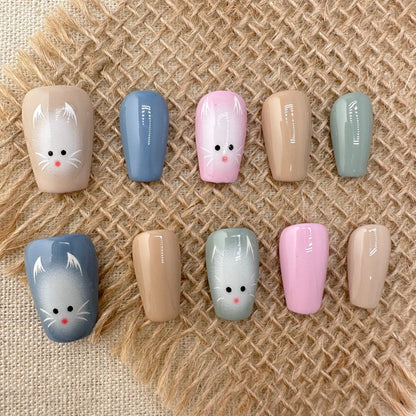 Hand-Painted Cartoon Cat Colorful Short Press-On Nails False Nails from ShopQAQ