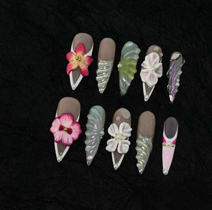 Blooming Island Exclusive 3D Flower Almond Nails False Nails from SHOPQAQ