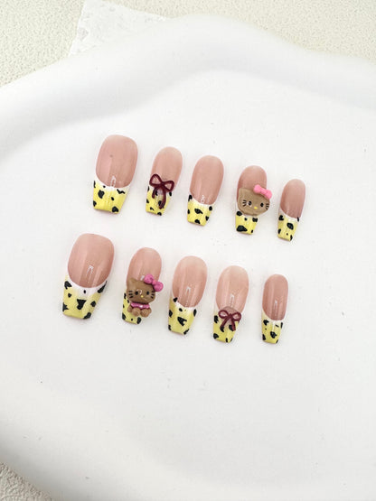 Leopard Bow Kitty Trapezoid Press-On Nails False Nails from SHOPQAQ