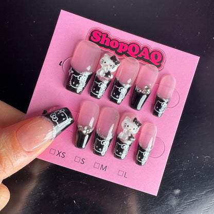 Handcrafted Hello Kitty Press-On Nails - Custom Dark-Themed Cartoon Kitty Nail Art False Nails from SHOPQAQ