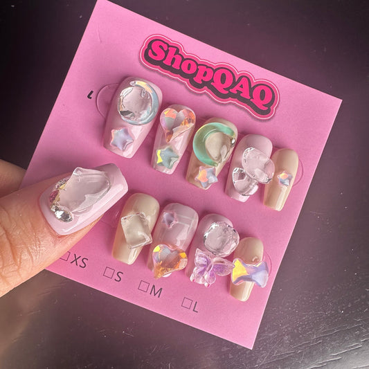 Candy House/Spicy Sweet Pink Star & Moon Handcrafted Press-On Nails False Nails from SHOPQAQ