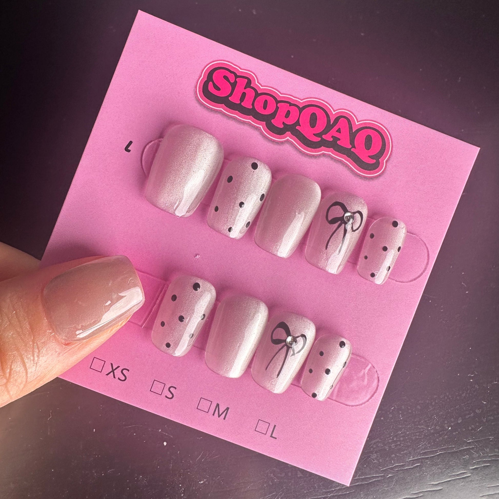 2024 New Handcrafted Summer Icy Transparent Glass Bead Cat Eye Polka Dot Bow Hepburn Style Short Press-On Nails | False Nails | False Nails, Handmade False Nails, press on nails | SHOPQAQ