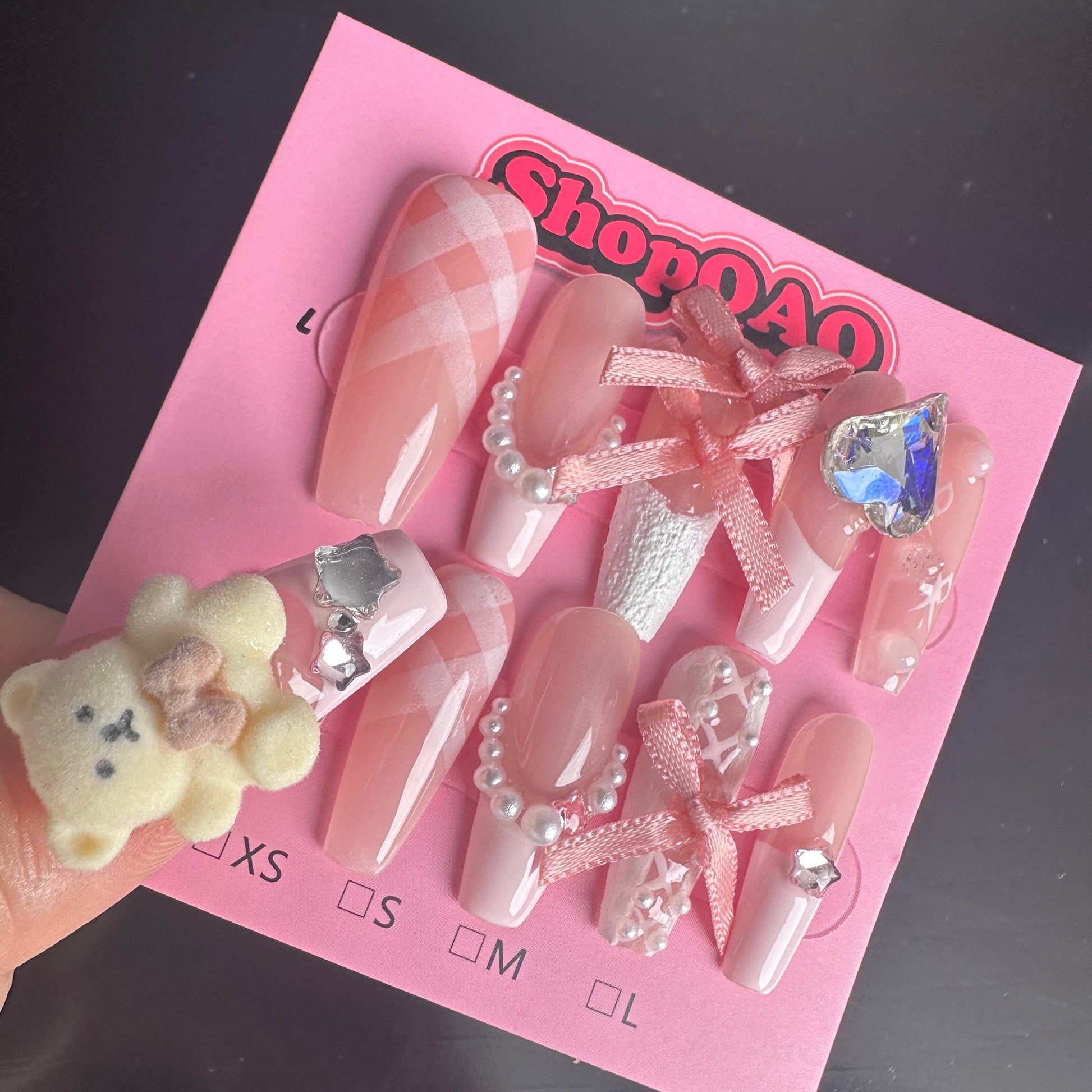 Sweetheart Ballerina | Handcrafted Press-On Nails – Cute Bear, Ballet Ribbon, French Style, High-End, Niche Elegance False Nails from SHOPQAQ